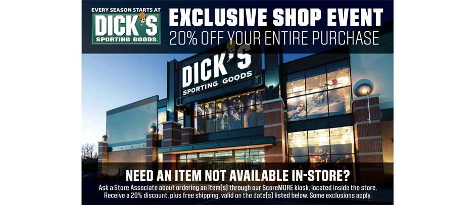 20% off at DICK'S 2/18 - 2/21